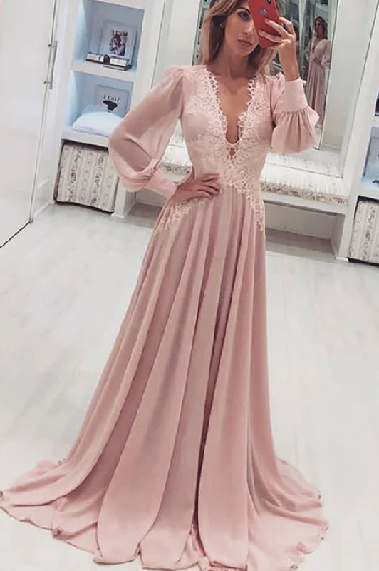 Simple Deep V Neck Lace Prom Dresses with Long Sleeves Party Dresses Tunics Sophisticated sleek