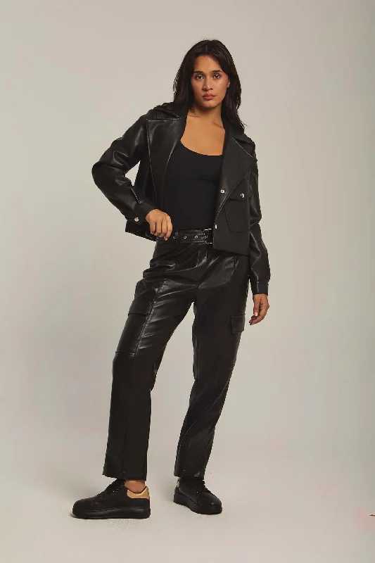 Women Pants Straight Fit Belted Leather Black Soft Stretch Leggings