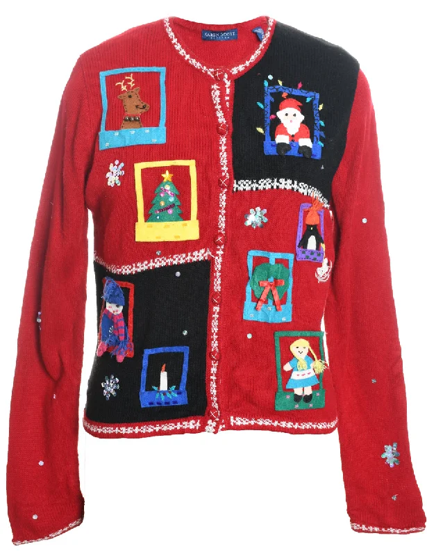Festive Design Red Christmas Cardigan - M Chenille Brocade Lace