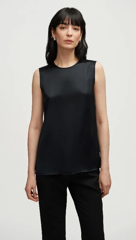 Crewneck Tank in Silk Charmeuse | Black chic tank top