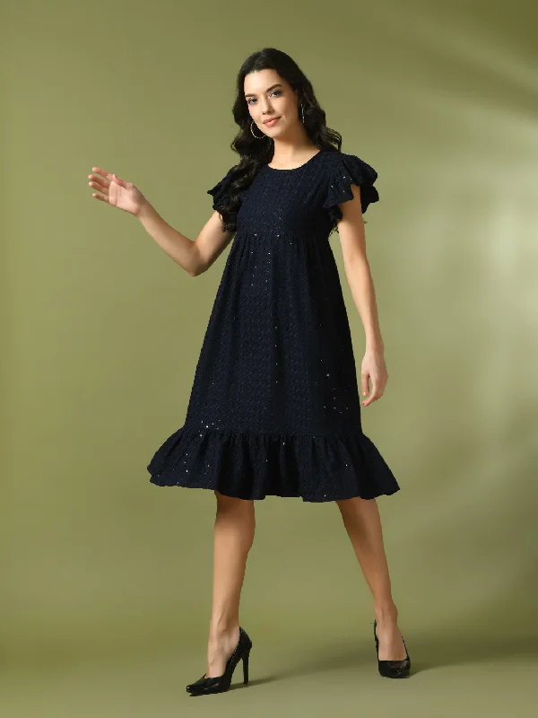 Women's  Navy Blue Embroidered Cotton Round Neck A-Line Party Dress  - Myshka Tunics Business professional