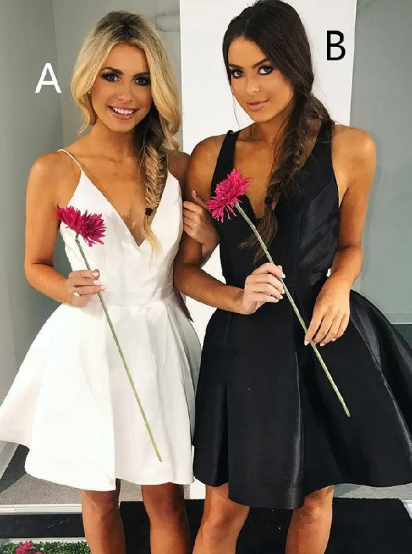V-Neck Pleated A/B Pattern Little White/Black Dress Short Prom Party Dress OP193 Tunics Essential wardrobe