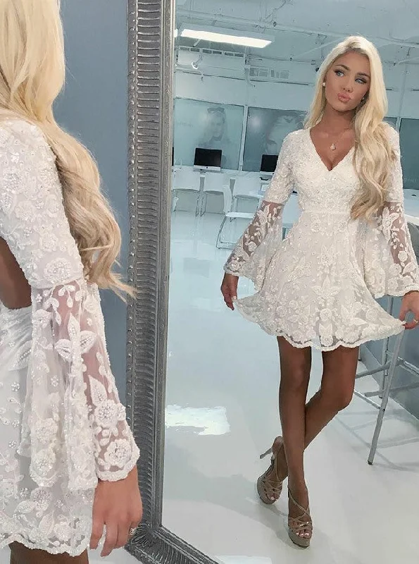 A-line Ivory Lace Beading Short Party Dress With Bell Sleeves OM259 Tunics Denim casual