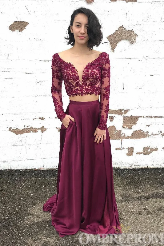 Elegant Two Piece Party Dresses Long Sleeves V Neck Prom Dresses Satin Halter Glamorous