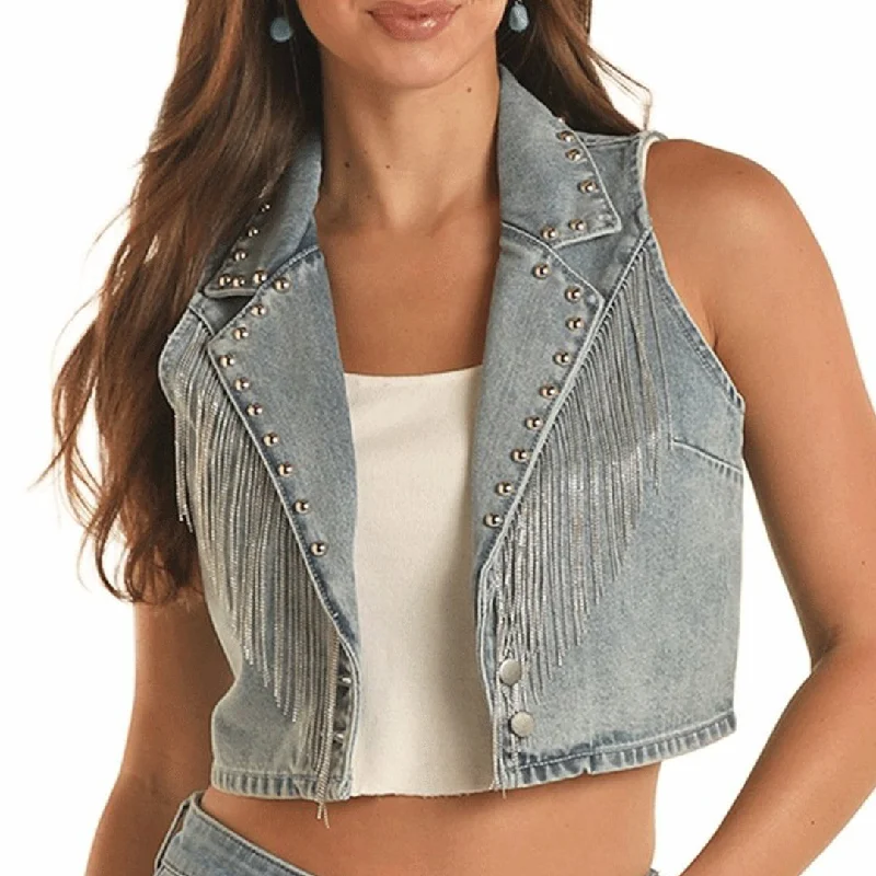 Rock & Roll Cowgirl Women's Denim Fringe Tank Top baby blue tank