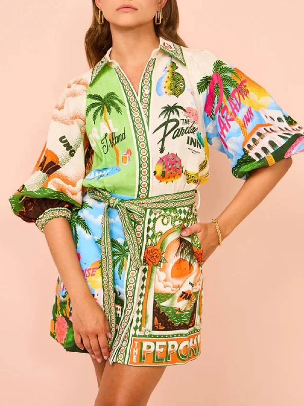 Casual Unique Printed Charming Shirt Cardigan Dress Chenille Brocade Lace