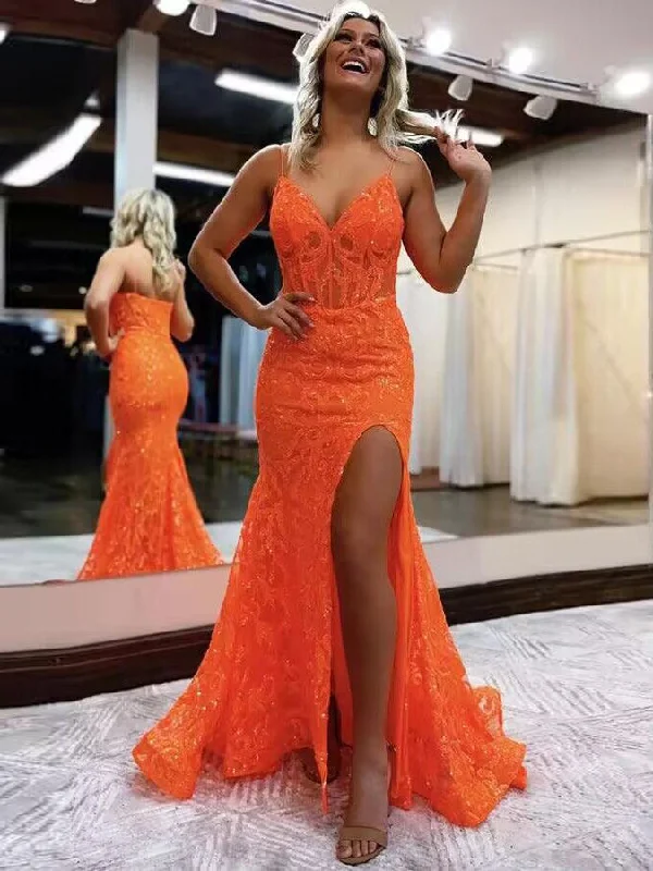 Shiny Orange Mermaid Long Prom Dresses V-neck Lace With Slit Party Dress #LPK280 sweetheart Neckline Romantic