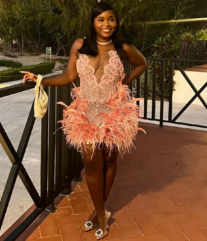 Major Beading Short Prom Dress Rhinestones Sexy Mermaid Birthday Cocktail Party Dress Feathers Homecoming Robe De Bal Tunics Silk luxurious