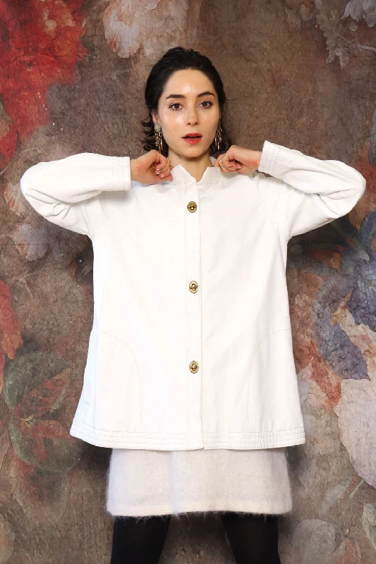 Bonnie Cashin White Leather Turnlock Jacket XS/S Notch Collar Jacket Peter Pan Collar Jacket Cowl Neck Jacket