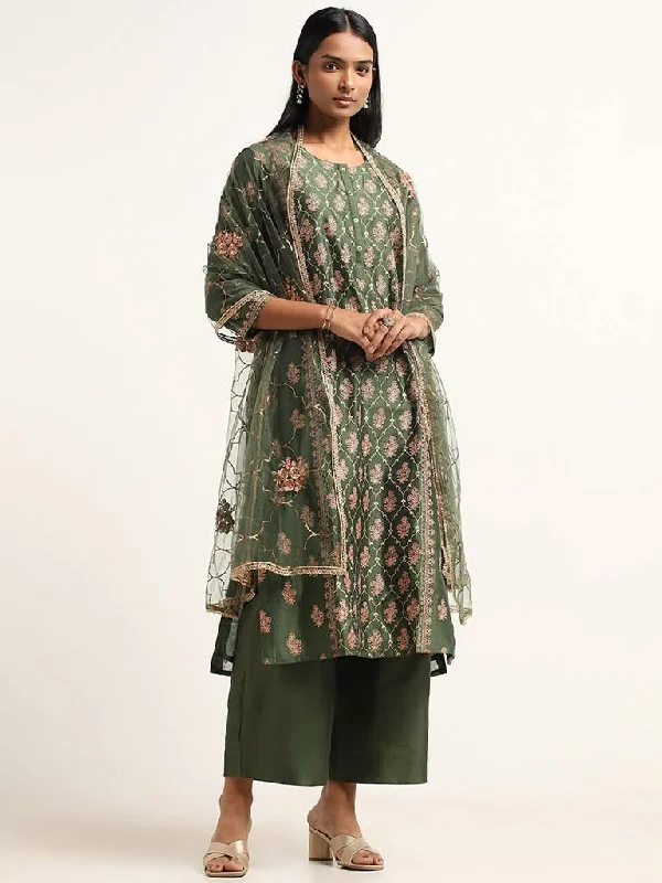 Vark Green Embroidery Cotton Blend Kurta, Pants and Dupatta Set Classic Bootcut Trousers