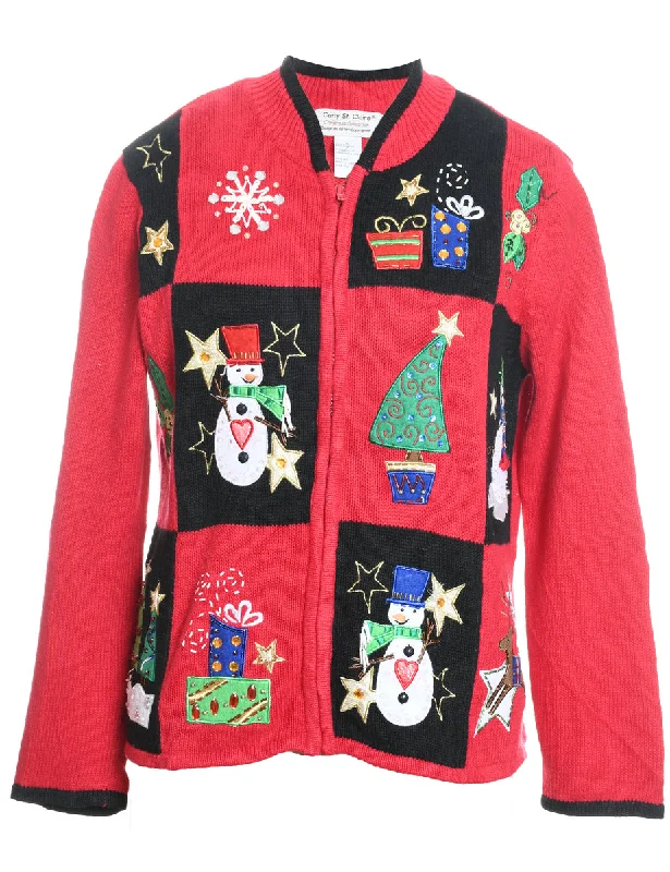 Snowman Christmas Cardigan - M Cable Knit Ribbed Knit Lace Knit