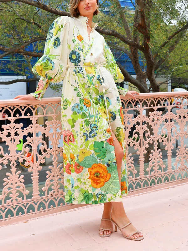 Unique Print Lantern Sleeve Graceful Cream Cardigan Style Shirt Dress Elasticated Padded Insulated