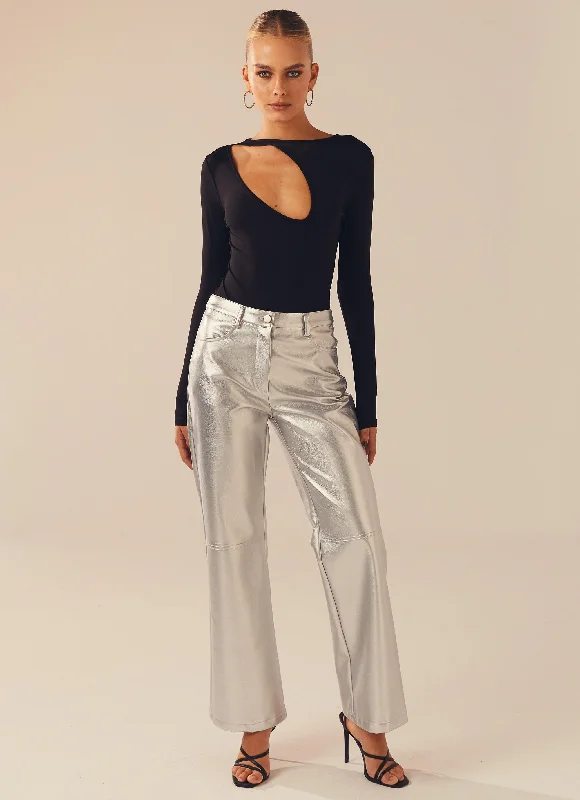 Moonlight Memories Pants - Silver PU Fashionable Tapered Leg Pants