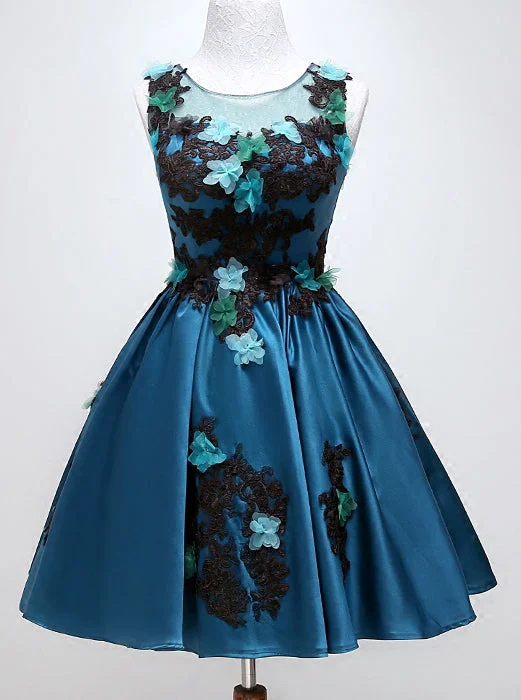 Round Neckline Satin Appliques Homecoming Dress, Dark Teal Party Dress OM467 Off-the-shoulder Bohemian Festive