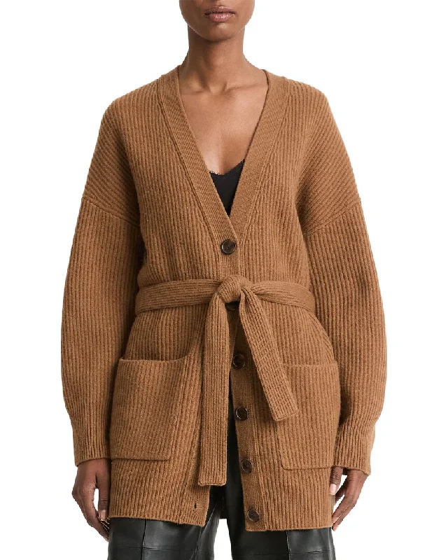 Vince Leather Belt Ribbed Wool & Cashmere-Blend Cardigan Fleece Fabric Down Fabric Feather Fabric