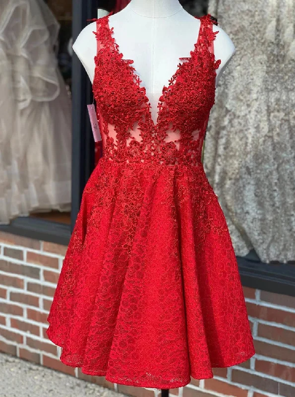 A-line V-Neck Lace Red Homecoming Dress, Short Lace Party Dress OM467 Chiffon Maxi Beach