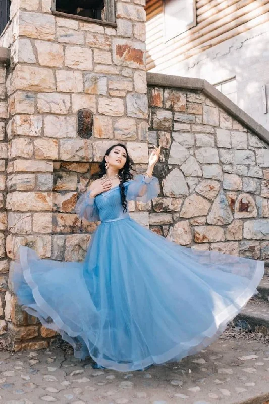 Blue Tulle Long Sleeve Sweetheart Prom Dresses Off the Shoulder Party Dresses Off-the-shoulder Chic Trendy