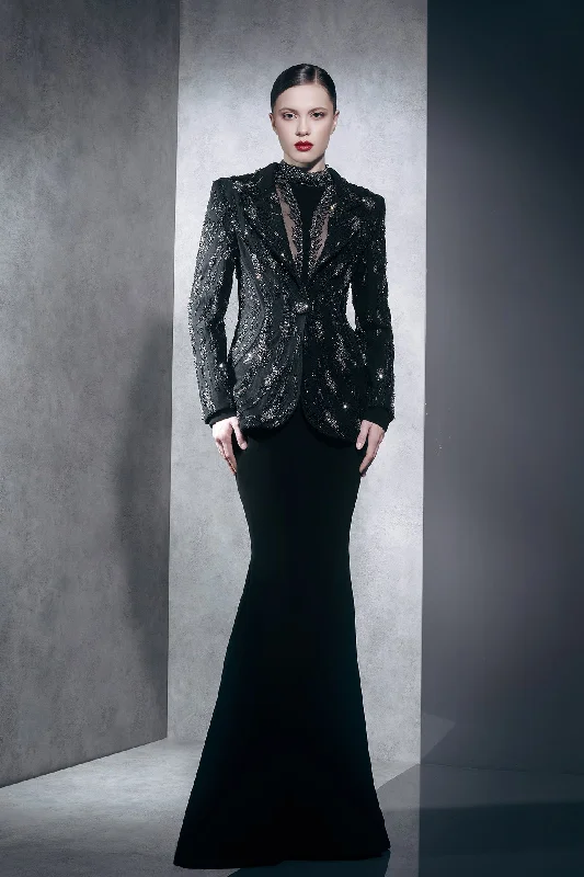 Mermaid crepe dress with embroidered jacket Hooded Jacket Caped Jacket Shawl Collar Jacket