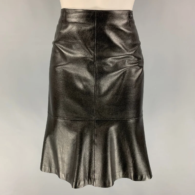 CHANEL 94305 04A Size 6 Black Leather Trumpet Skirt lace skirt elegant