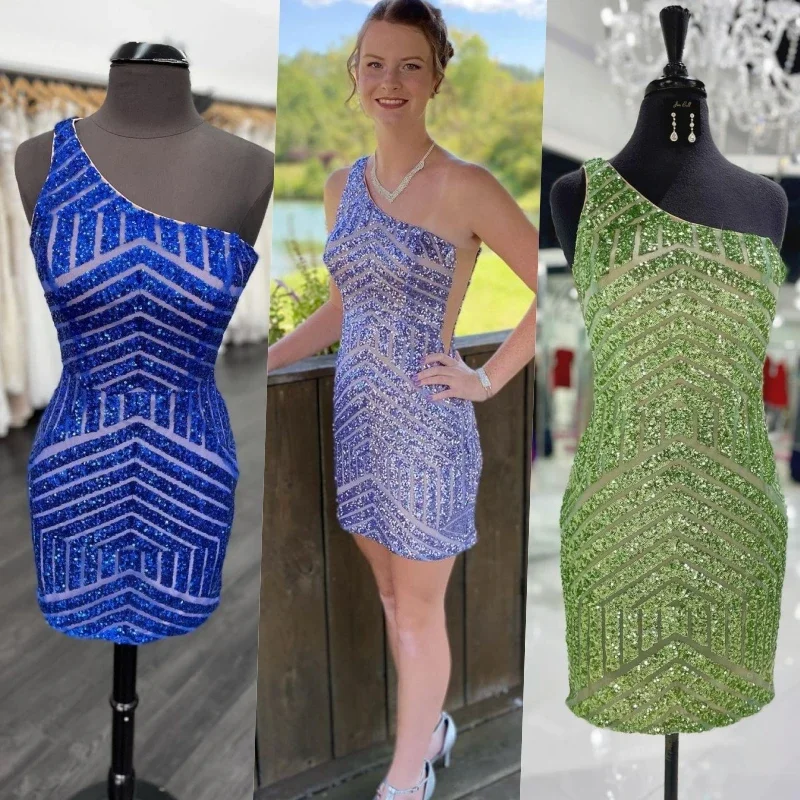 Sequins Music Festival Party Dress Lady Sheath Cocktail Hoco Gown One-Shoulder Homecoming Prom Zipper Green Blue Purple Mermaid Tail Wedding