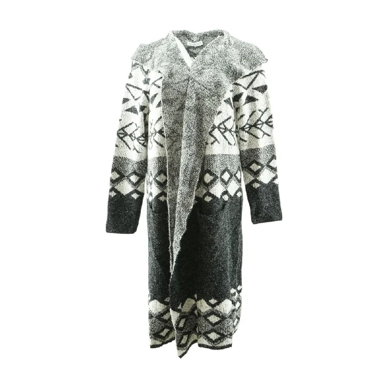 Gray Graphic Cardigan Sweater Front Pockets Side Pockets Patch Pockets