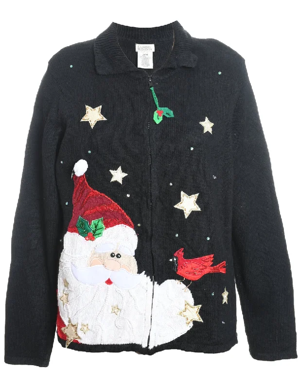 Santa Claus Design Black Embroidered Christmas Cardigan - M Stylish Fashionable Trendy