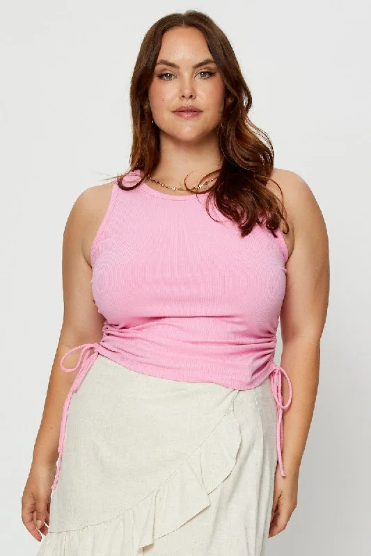 Pink Tank Top Crew Neck Sleeveless Rib Drawstring cotton tank top