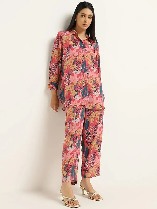 Vark Pink Nature Print Tunic & Pants Set Chic Checkered Pants