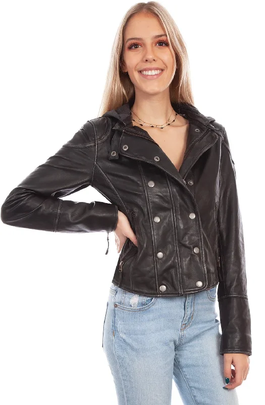 Scully Womens Black Leather Double Breasted Jacket V-Neck Jacket Boat Neck Jacket Square Neck Jacket
