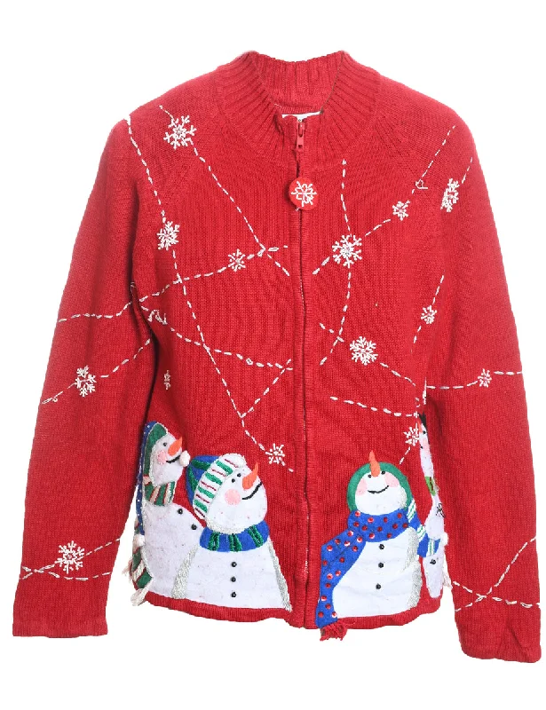 Snowman Christmas Cardigan - M Zippered Buttoned Snapped