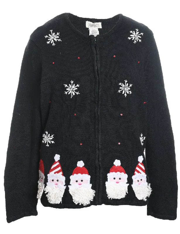 Santa Claus Design Black Zip-Front Christmas Cardigan - M Cable Knit Ribbed Knit Lace Knit