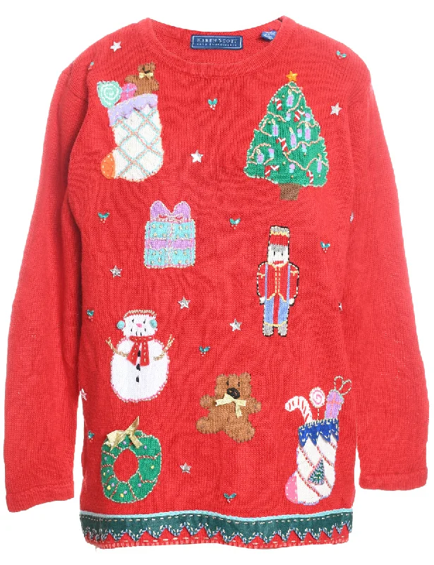 Festive Print Christmas Cardigan - S Chenille Blend Fleece Blend Nylon Blend