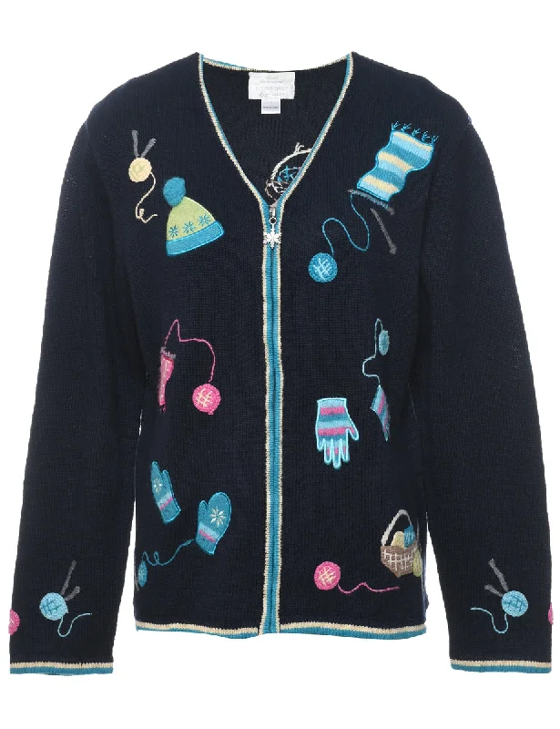 Embroidered Christmas Cardigan - L Lace Blend Ribbed Blend Corduroy Blend