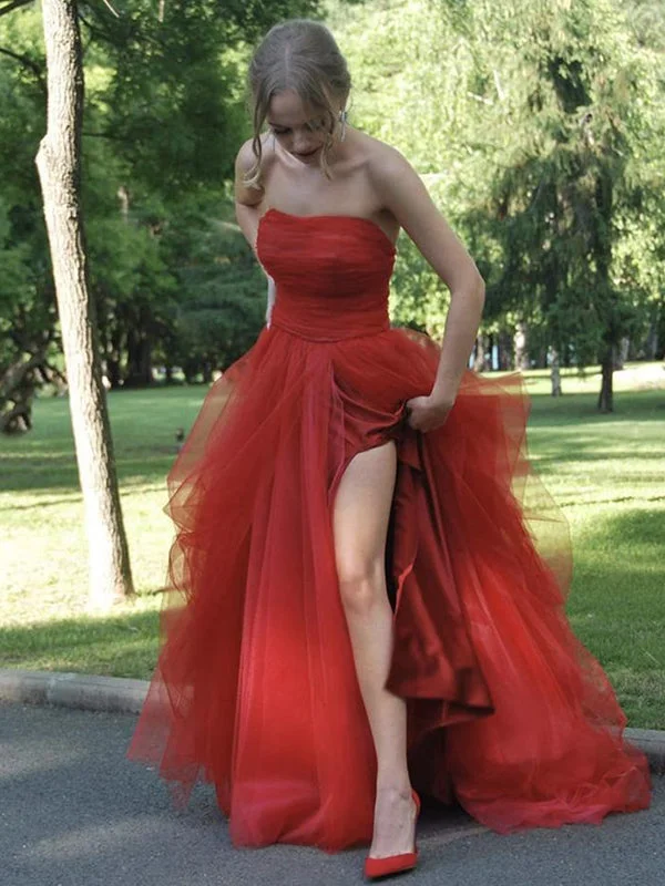 Sexy Red Strapless Straight Sheath Side-slit Tulle Long Prom Party Dress, PD3109 Tunics Satin smooth
