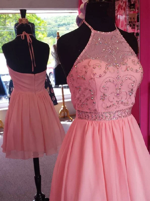 A-Line Pink Halter Beading Chiffon Short Prom Dress Graduation Party Dress Tunics Business professional