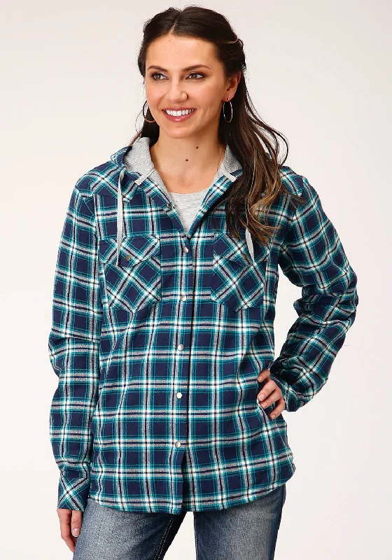 Roper Womens Blue/White 100% Cotton Thermal Lined Hooded Jacket Boat Neck Shawl Collar Notched Collar