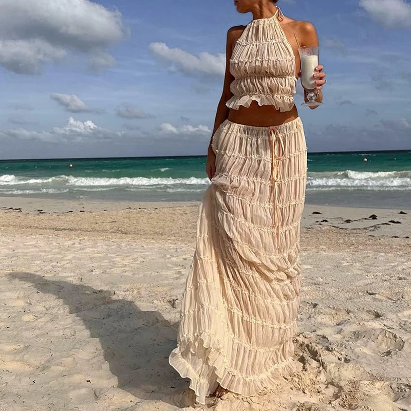 Summer's Ruched Halter Cami Tops + Maxi Skirt 2 Piece Set button skirt front
