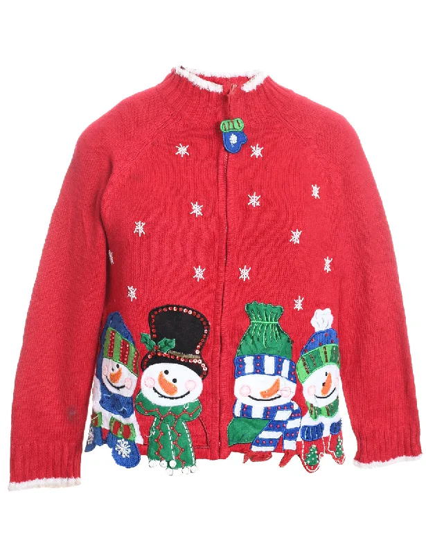 Snowman Christmas Cardigan - M Chenille Fabric Brocade Fabric Lace Fabric