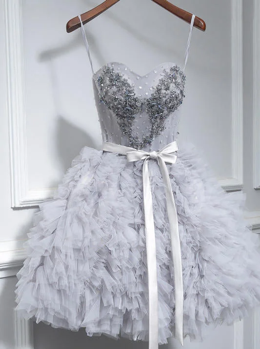Grey Cute Short/Mini Sweet 16 Gown Spaghetti-straps Beaded Party Dress OM134 Off-the-shoulder Bohemian Festive