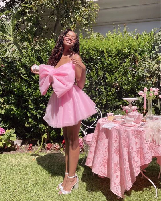 Cute Lovely Pink Big Bow Short Prom Party Dresses Mini Girls Cocktail Dress Event Formal Gowns Tunics Fleece cozy