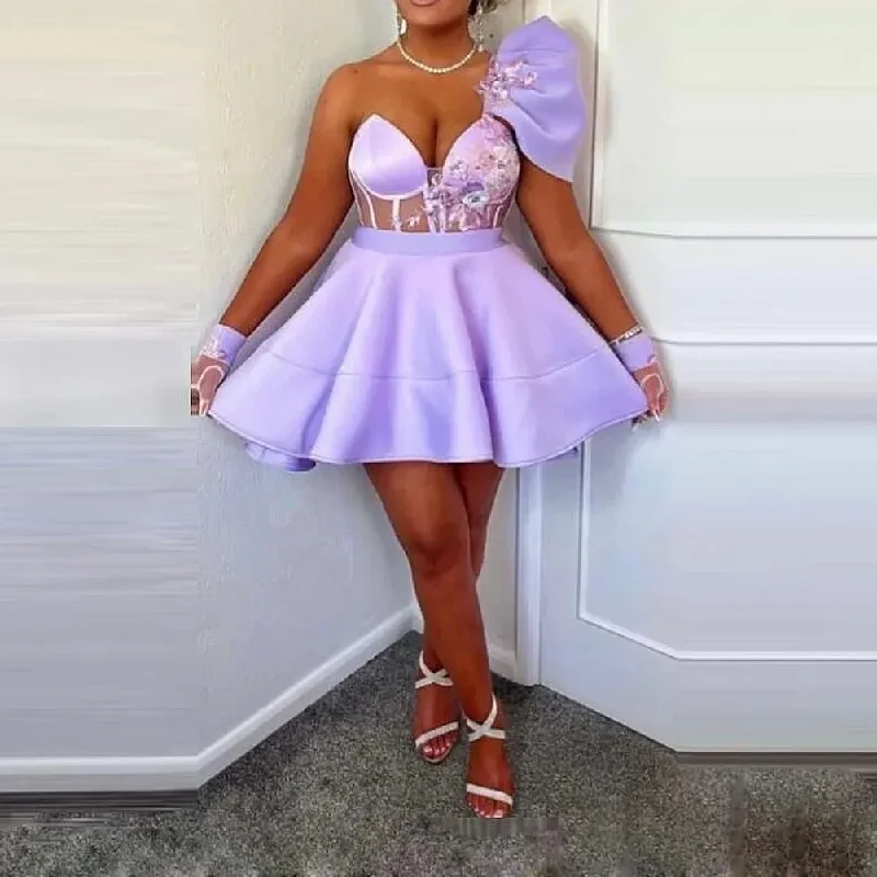 Mini Cocktail Dresses With One Shoulder Lace Appliques Exposed Boning Sexy Women Birthday Party Dress Prom Gowns Without Gloves Tunics Luxurious premium