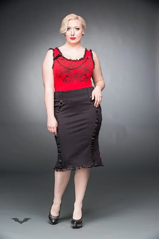 Queen of Darkness - Knee-length skirt with ruching and lacin denim skirt fashionable