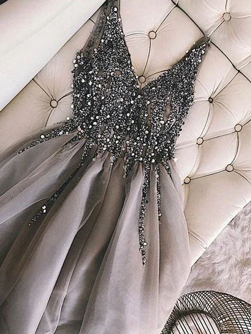 Sequins Beaded V-neck Tulle Short Prom Dress Party Dress OP203 Tunics Trendy modern