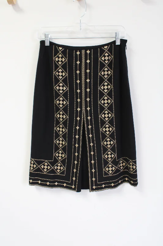Kasper Black Gold Embroidered Slit Skirt | 4 Petite linen skirt natural
