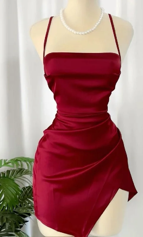 Wine Red Straps Sheath Satin Short Party Dress Homecoming Dress, MD7873 Tunics Cozy comfortable