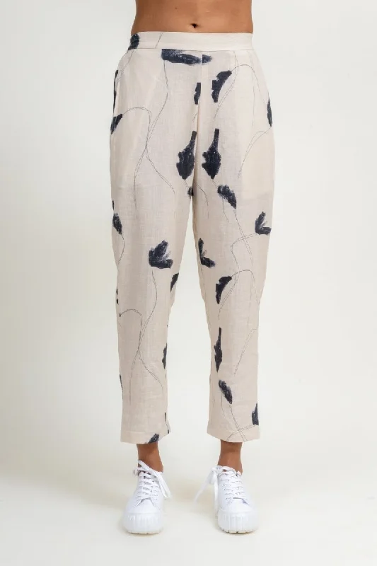 Tapered Printed Upcycled Cotton Lenin Pants Stylish Elastic Waist Pants