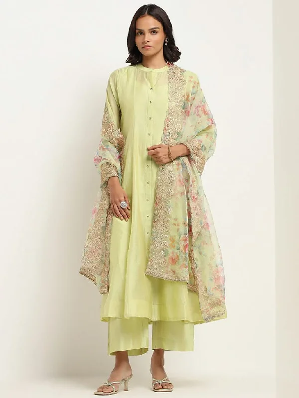Vark Lime Kurta, Inner, Pants and Embroidered Cotton Blend Dupatta Set Trendy Wide-Leg Pants