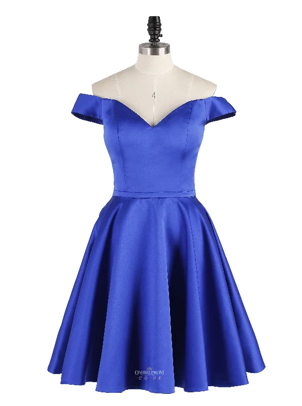 A-line Royal Blue Off-Shoulder Sweetheart Satin Short Prom Party Dress OP164 Tunics Top rated