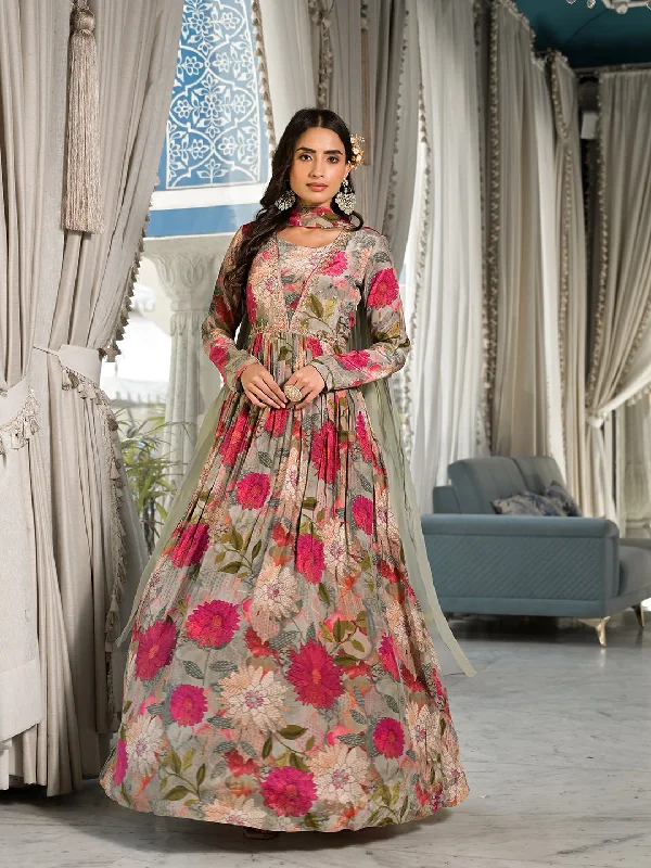 Pink Multi Digital Print Pure Crepe Long Party dress with Dupatta Tunics Leisure comfortable