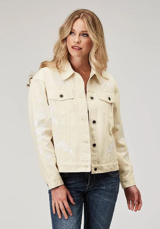 Stetson Womens Floral Embroidered Cream 100% Cotton Cotton Jacket V-Neck Jacket Boat Neck Jacket Square Neck Jacket